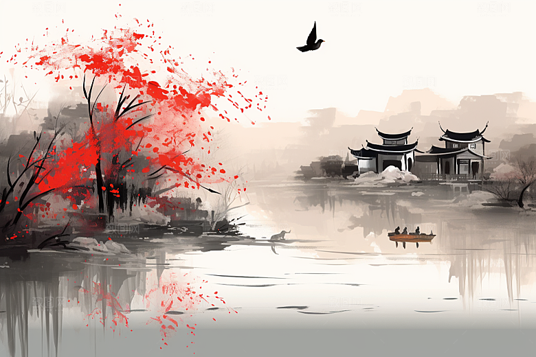 水墨江南晕染小桥流水插画