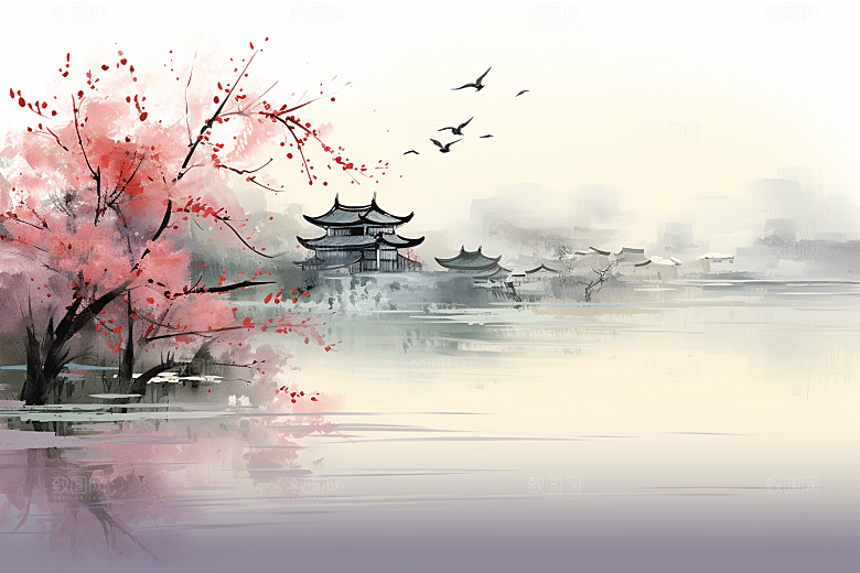 水墨江南手绘小镇插画