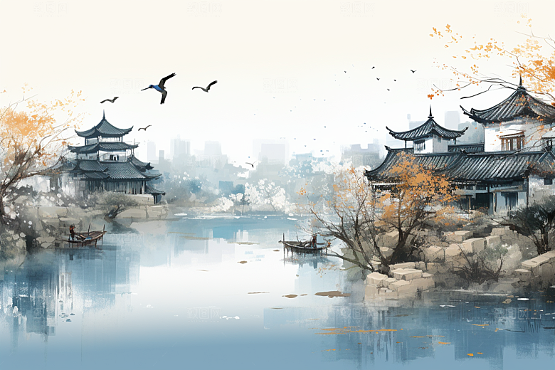 水墨江南手绘小桥流水插画