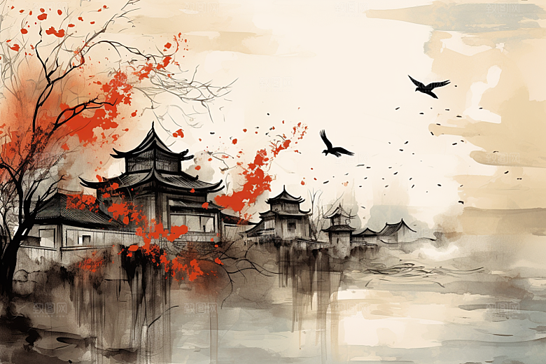 水墨江南水彩水乡插画
