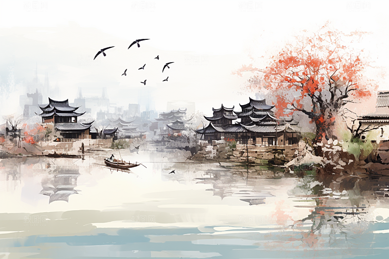 水墨江南水彩中国风插画