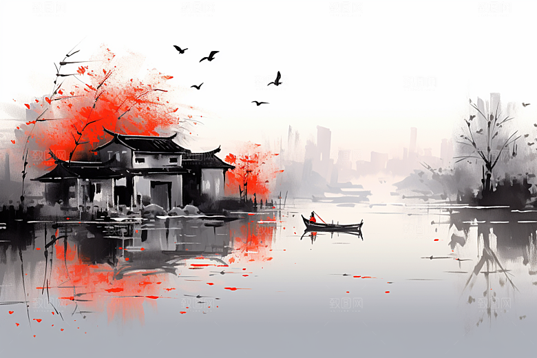 水墨江南小桥流水小镇插画