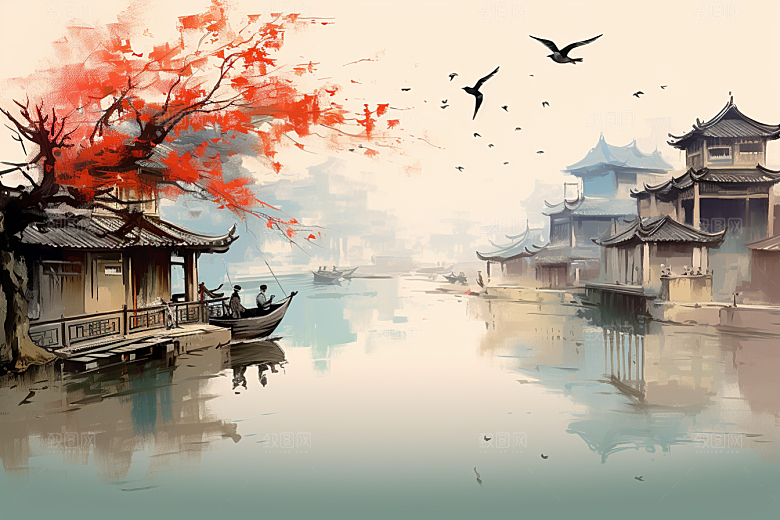 水墨江南中国风水彩插画