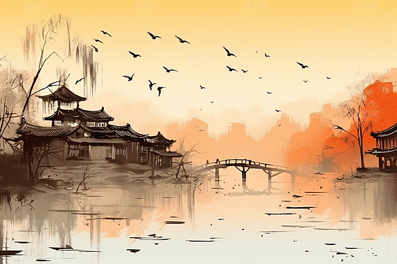 水墨江南水彩小桥流水插画