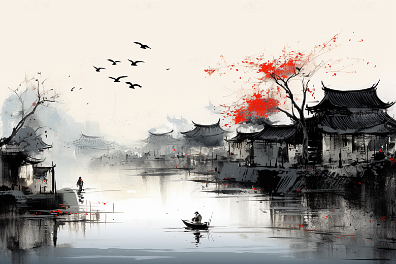 水墨江南中式晕染插画