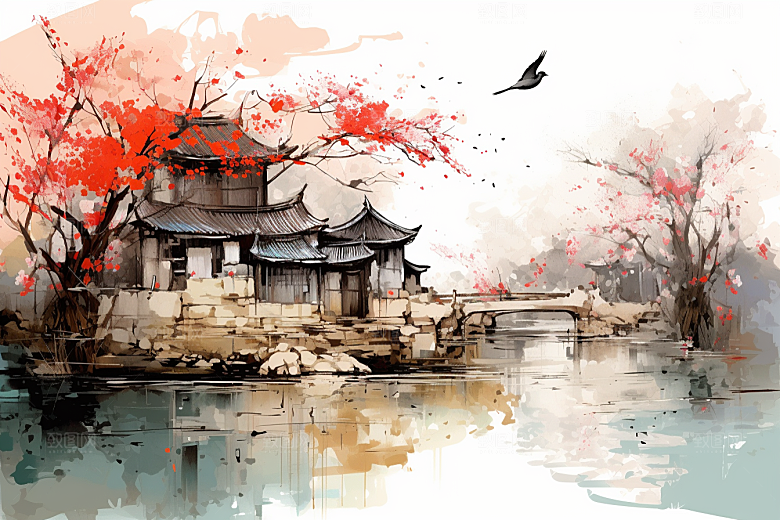 水墨江南粉墙黛瓦晕染插画