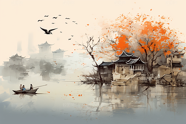 水墨江南水乡小镇插画