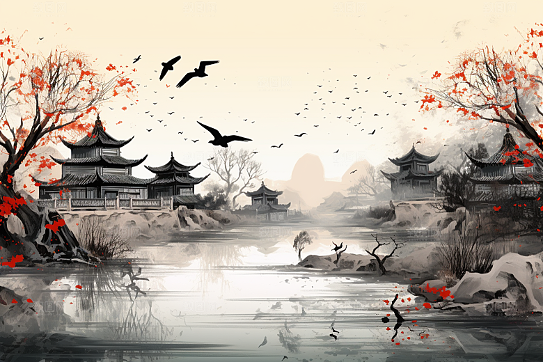 水墨江南手绘晕染插画