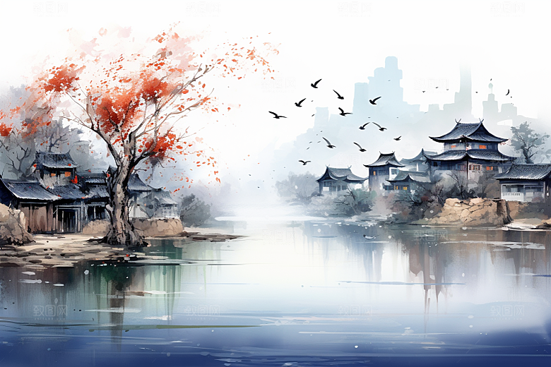 水墨江南小镇中国风插画