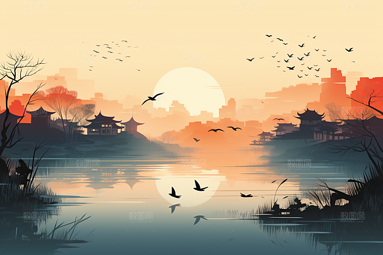 水墨江南水彩手绘插画