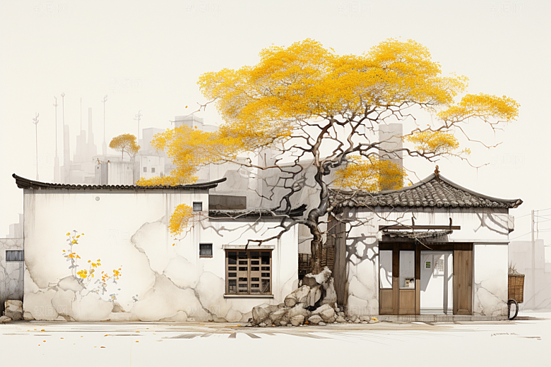 水墨江南中式小桥流水插画
