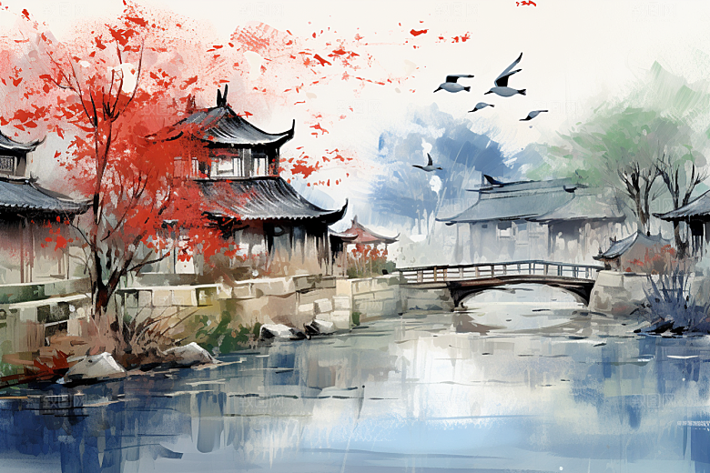 水墨江南手绘晕染插画