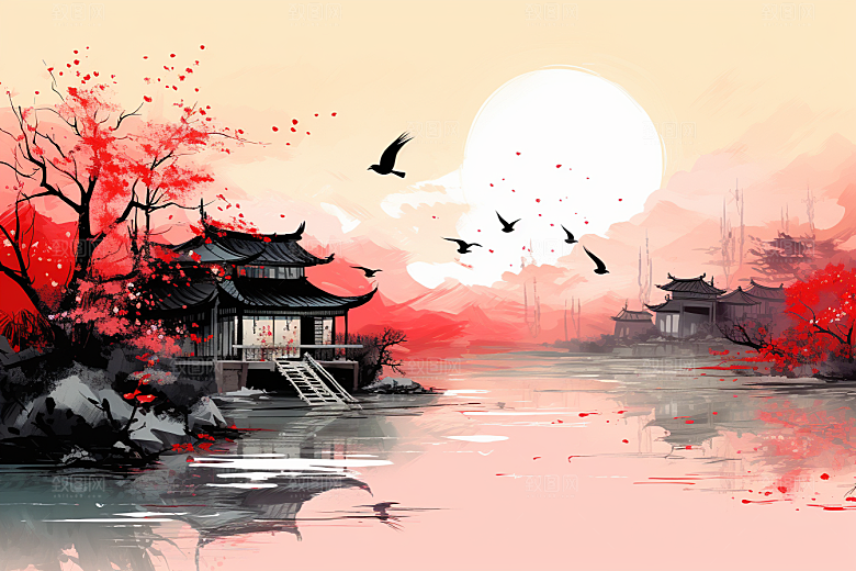 水墨江南手绘粉墙黛瓦插画