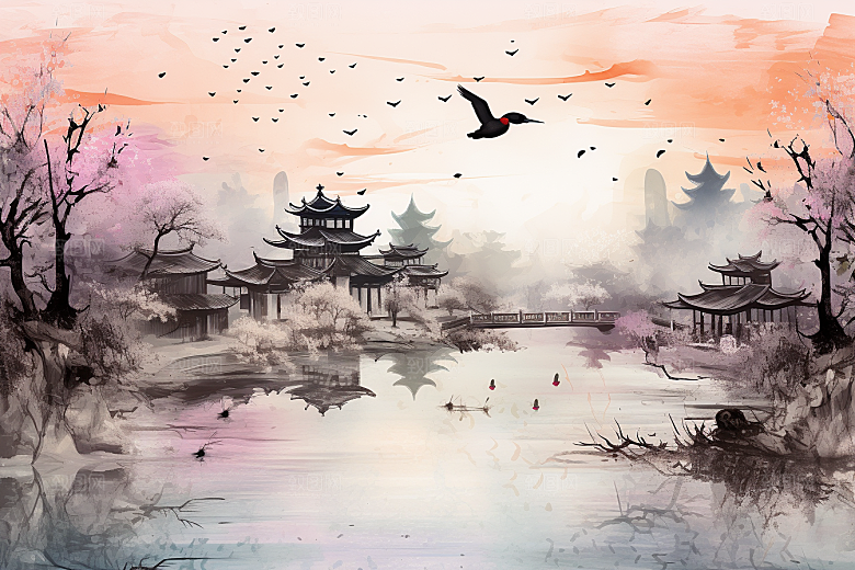 水墨江南小桥流水中国风插画