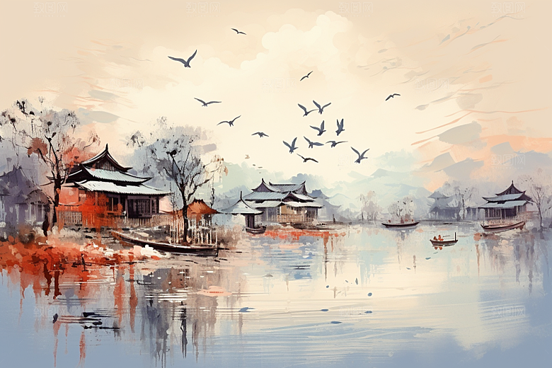 水墨江南小镇小桥流水插画
