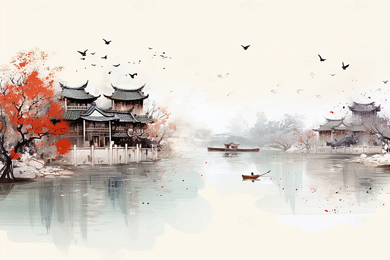 水墨江南水彩中国风插画