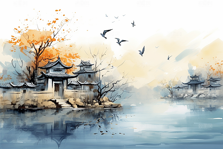 水墨江南小桥流水中式插画