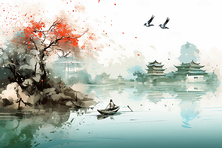 水墨江南小桥流水手绘插画
