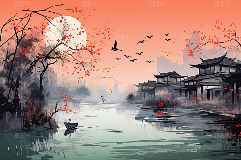 水墨江南晕染小镇插画