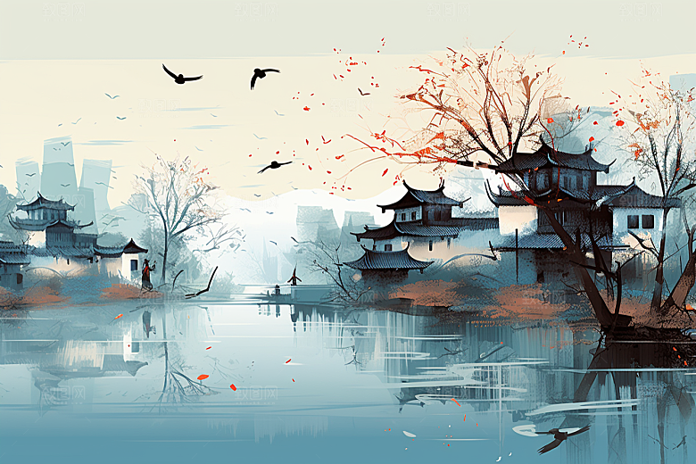 水墨江南粉墙黛瓦小桥流水插画