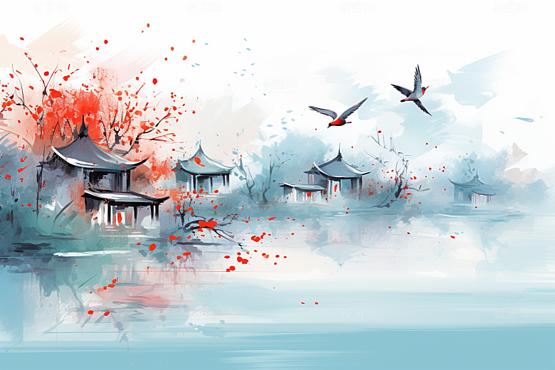水墨江南中式晕染插画