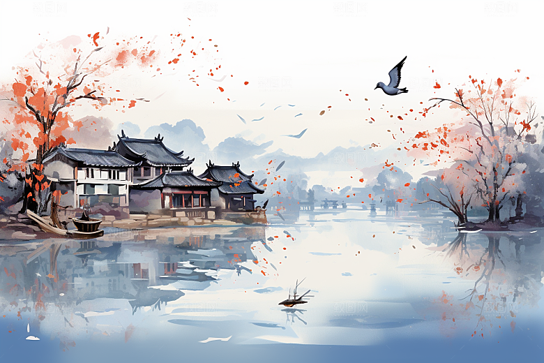 水墨江南中式水乡插画