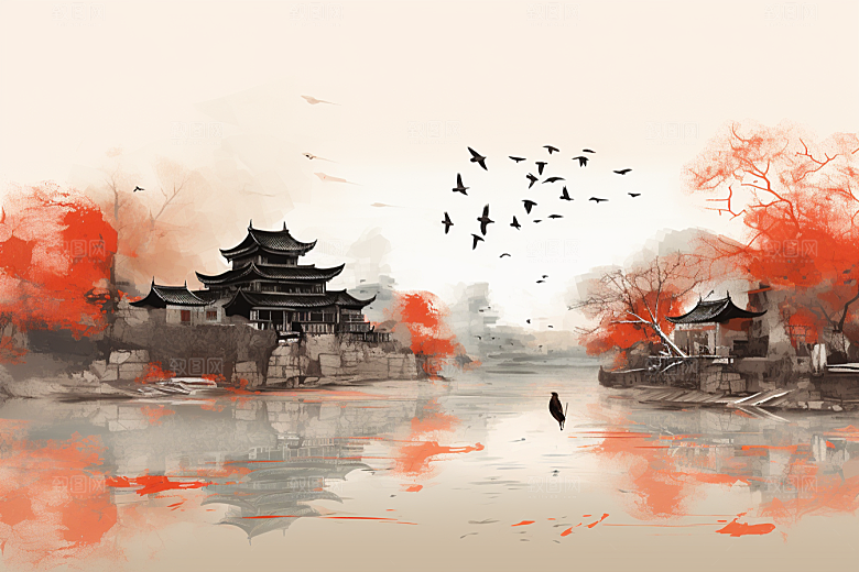 水墨江南水彩粉墙黛瓦插画