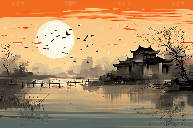 水墨江南中国风粉墙黛瓦插画