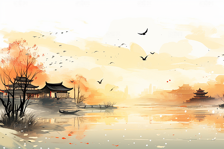 水墨江南手绘中式插画