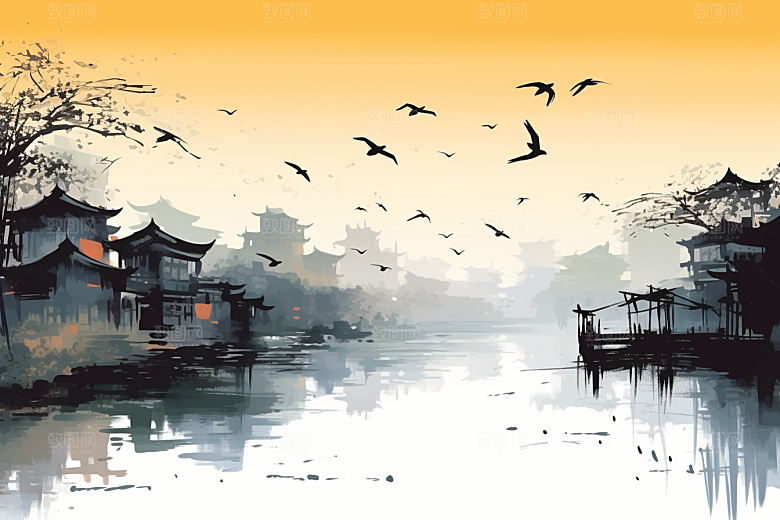 水墨江南水彩小镇插画