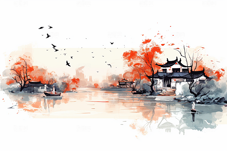 水墨江南晕染水乡插画