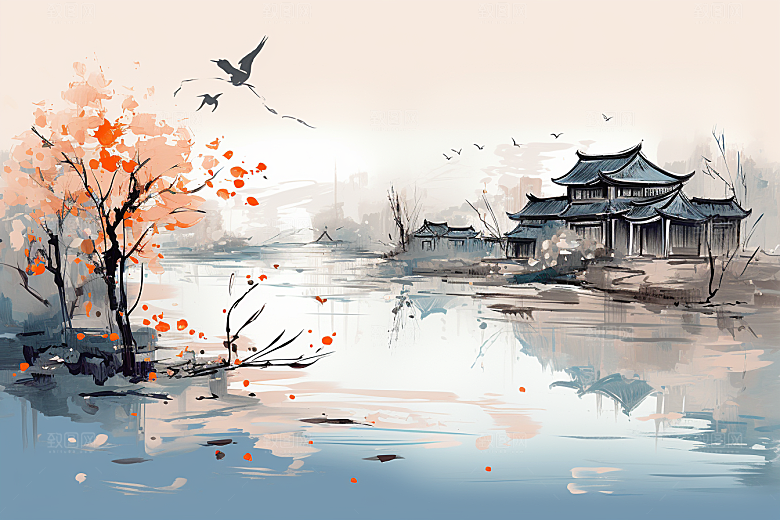 水墨江南手绘小镇插画