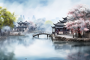 水墨江南手绘晕染插画