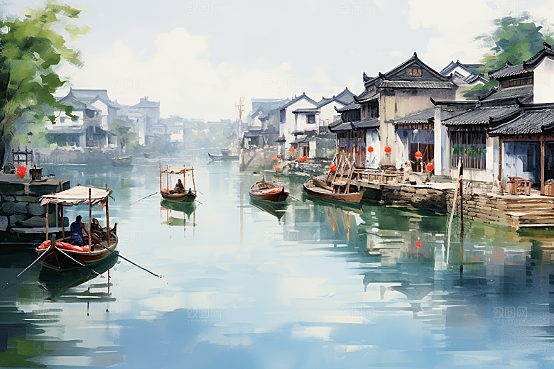 水墨江南晕染水乡插画