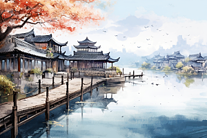 水墨江南粉墙黛瓦中式插画