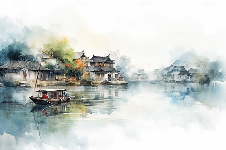 水墨江南水乡晕染插画