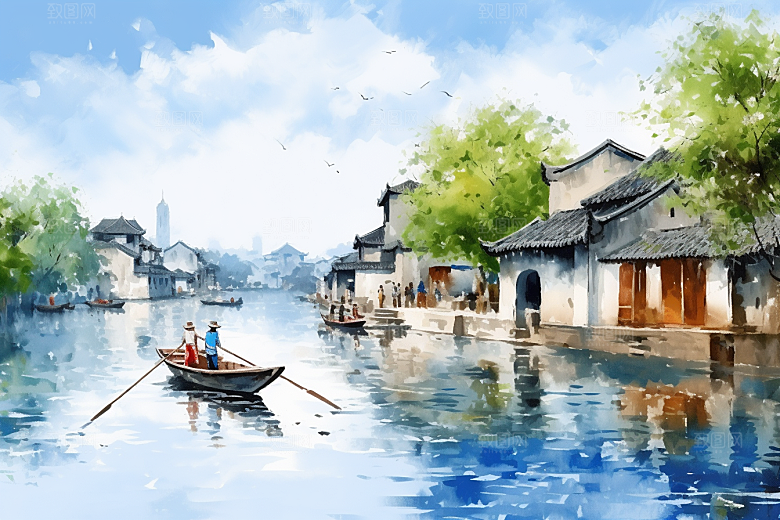水墨江南小桥流水水乡插画