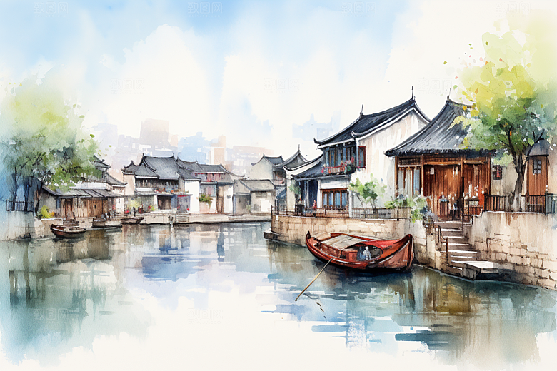 水墨江南粉墙黛瓦晕染插画