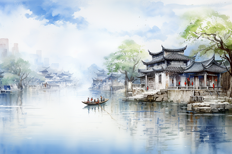 水墨江南粉墙黛瓦晕染插画