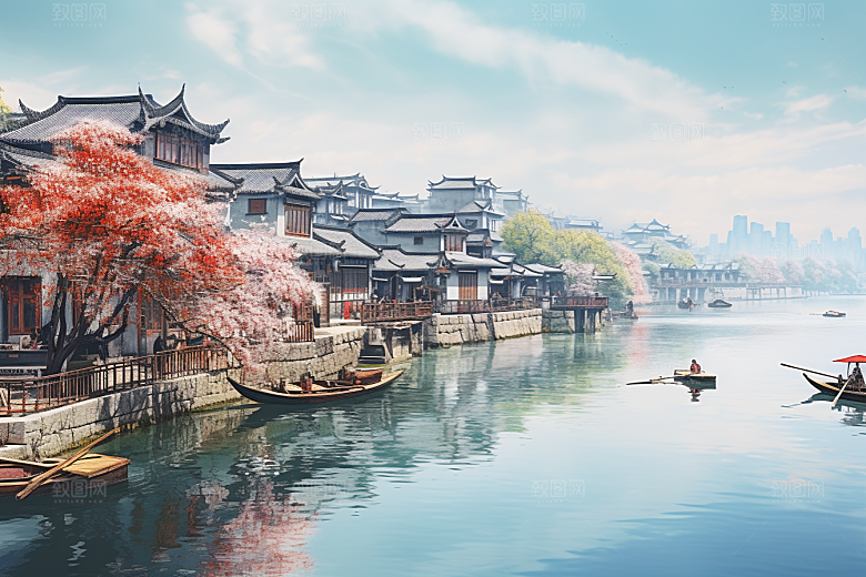 水墨江南水彩粉墙黛瓦插画