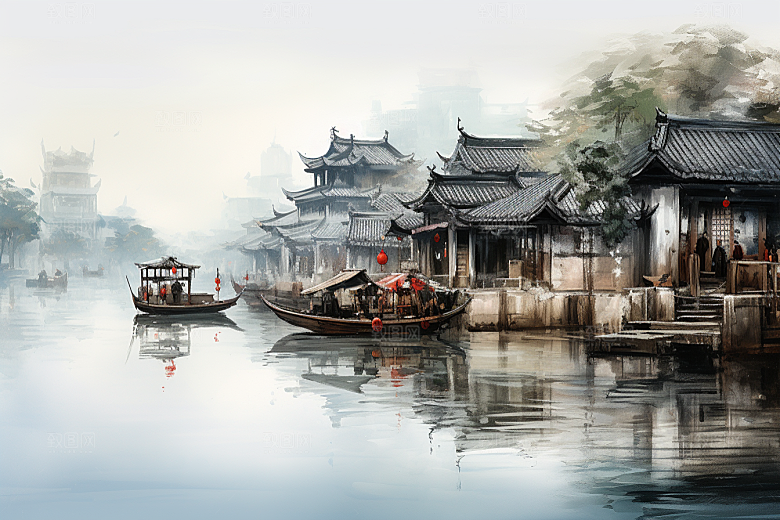 水墨江南粉墙黛瓦中式插画