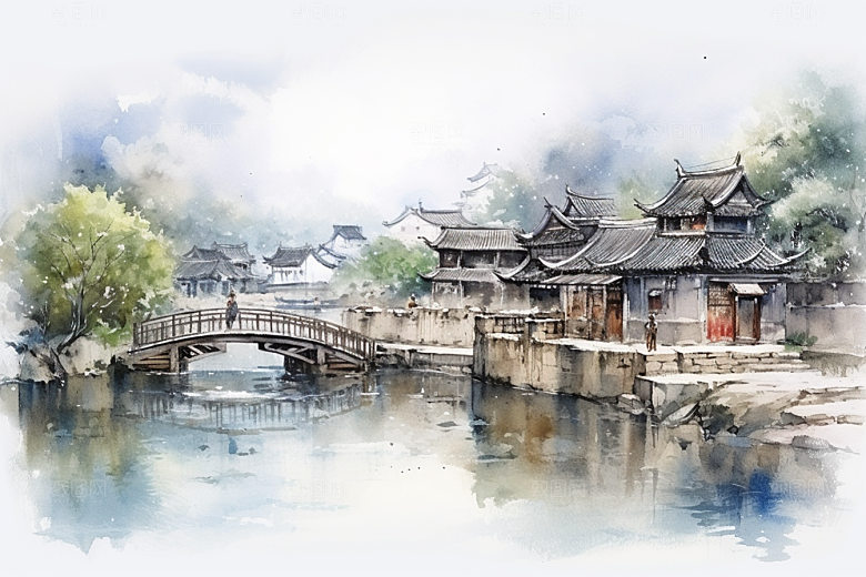水墨江南水乡中国风插画