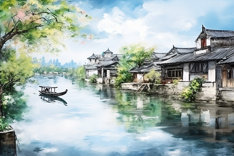 水墨江南水乡水彩插画
