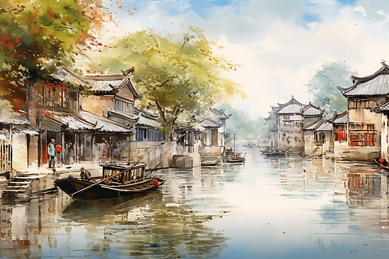 水墨江南水彩中国风插画