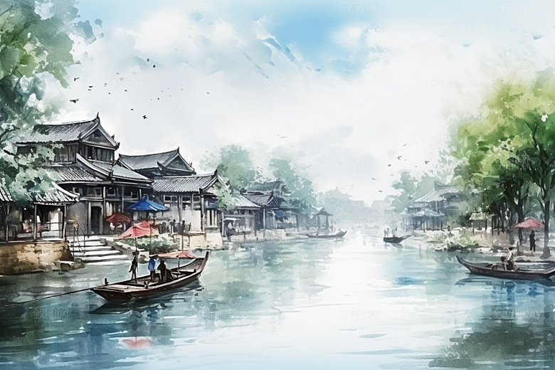 水墨江南晕染中式插画