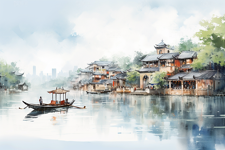 水墨江南晕染中式插画