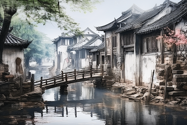 水墨江南水彩晕染插画