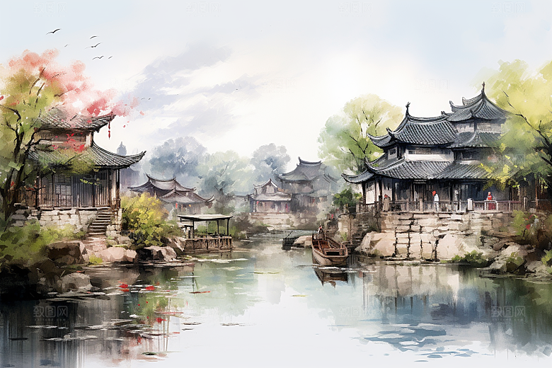 水墨江南晕染水乡插画