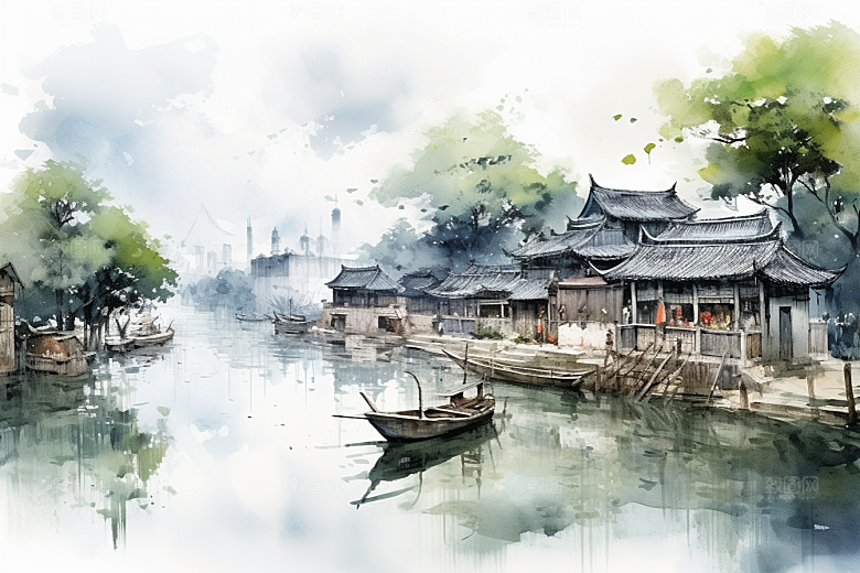 水墨江南小镇小桥流水插画