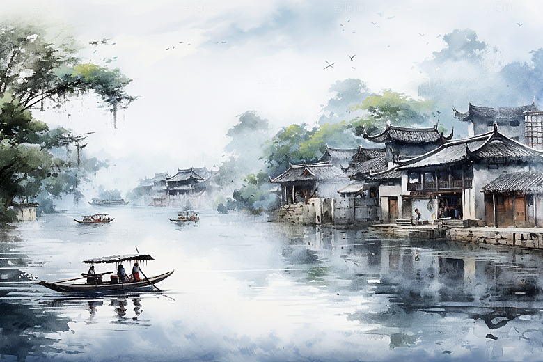 水墨江南中国风小镇插画